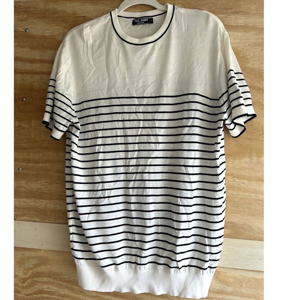Paul Jones Knit Lightweight Short Sleeve Shirt Mens Large White Black Stripes